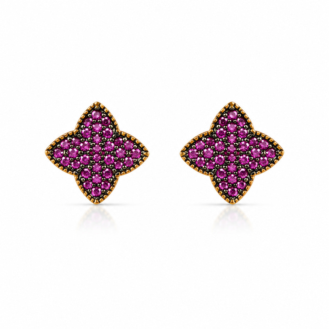 Ruby CZ Floral Stud Earrings in 925 Sterling Silver