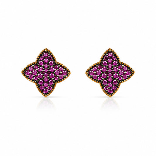Ruby CZ Floral Stud Earrings in 925 Sterling Silver