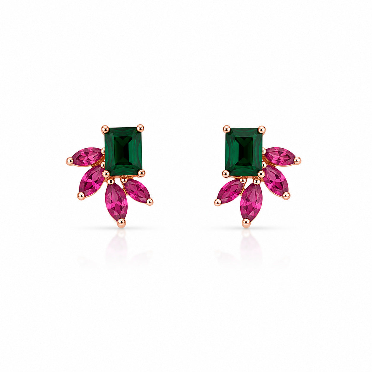 Emerald & Pink Floral Stud Earrings in 925 Sterling Silver