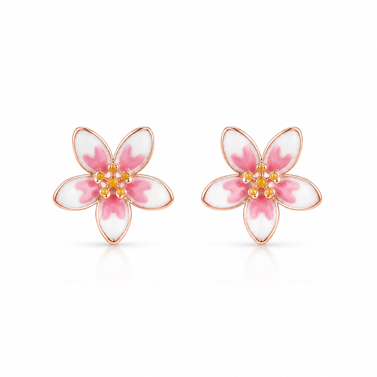 Pink Enamel Flower Stud Earrings in 925 Sterling Silver (Rose Gold Plated)