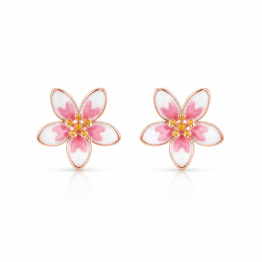 Pink Enamel Flower Stud Earrings in 925 Sterling Silver (Rose Gold Plated)