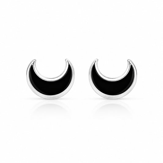 Black Crescent Moon Stud Earrings in 925 Sterling Silver