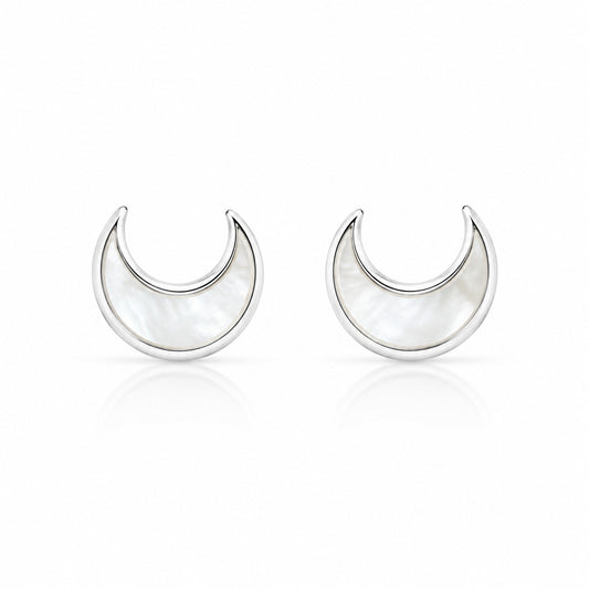Crescent Moon Mother of Pearl Stud Earrings in 925 Sterling Silver