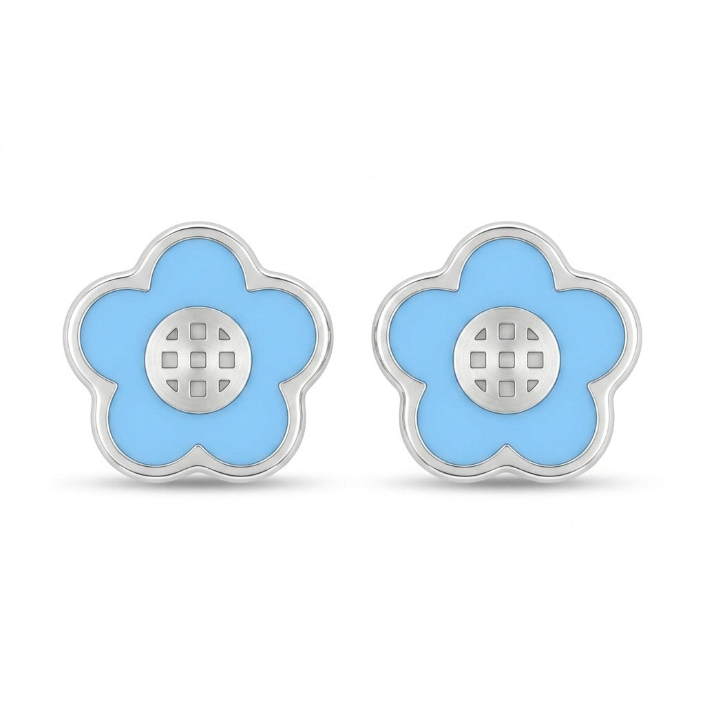 Blue Enamel Flower Stud Earrings in 925 Sterling Silver