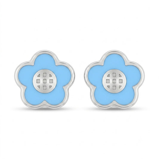 Blue Enamel Flower Stud Earrings in 925 Sterling Silver