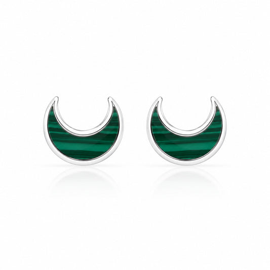 Malachite Crescent Moon Stud Earrings in 925 Sterling Silver