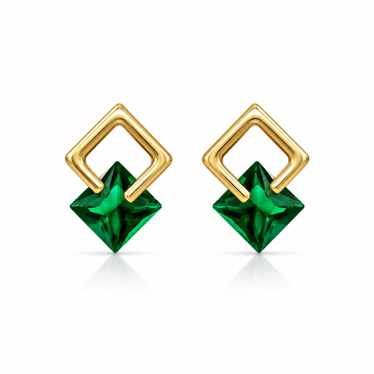 Emerald Green Geometric Stud Earrings in 925 Sterling Silver (Gold Plated)