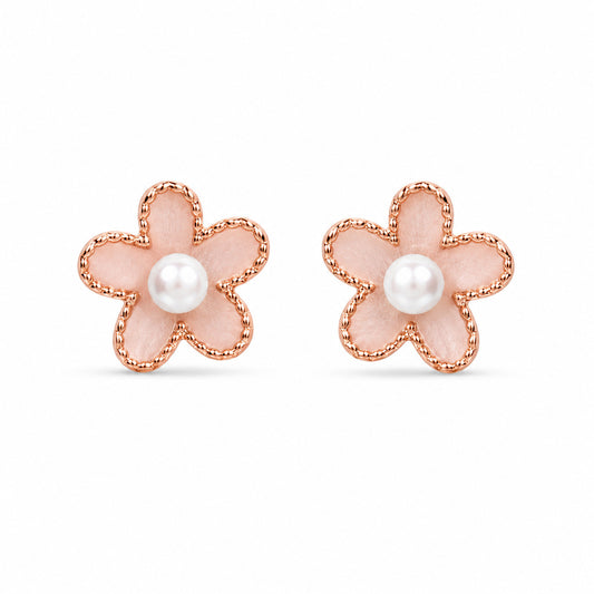Pearl Flower Stud Earrings in 925 Sterling Silver (Rose Gold Plated)