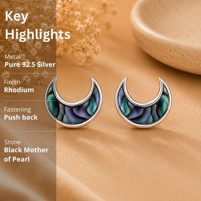 Abalone Crescent Moon Stud Earrings in 925 Sterling Silver