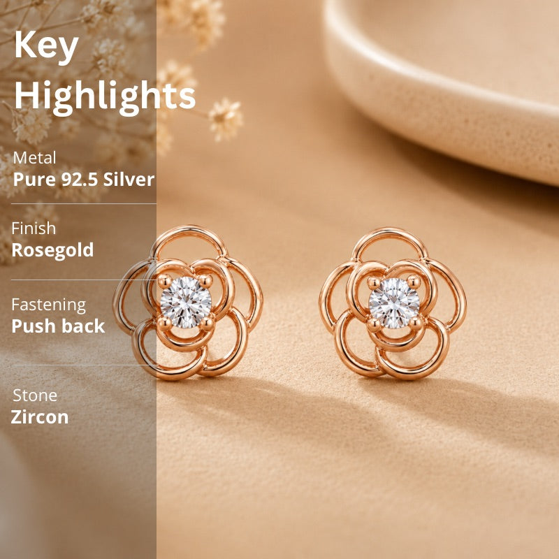 Rose Bloom CZ Stud Earrings in 925 Sterling Silver (Rose Gold Plated)