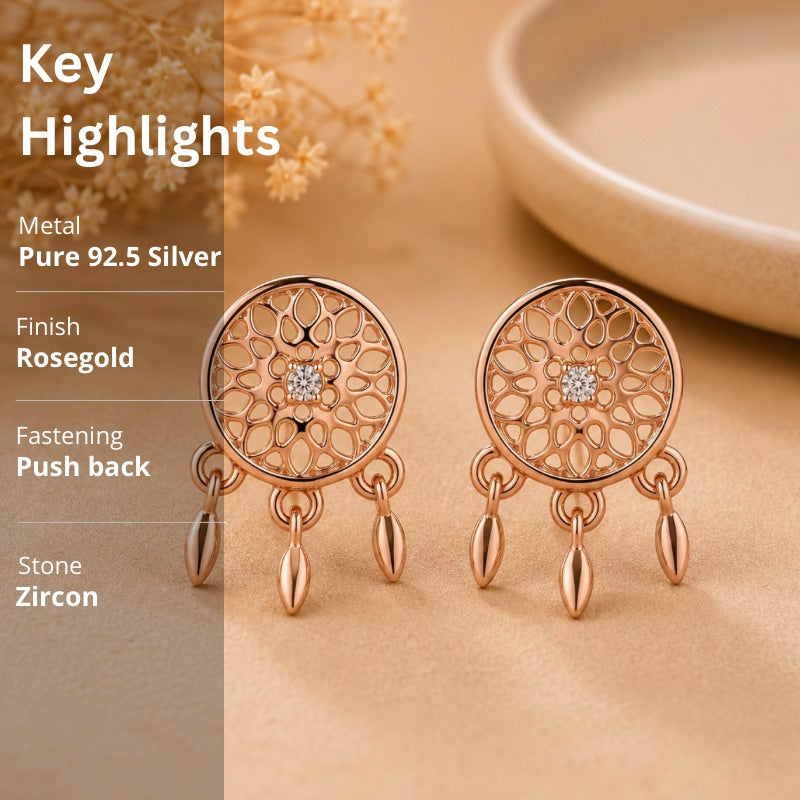 Rose Gold Dreamcatcher Stud Earrings in 925 Sterling Silver