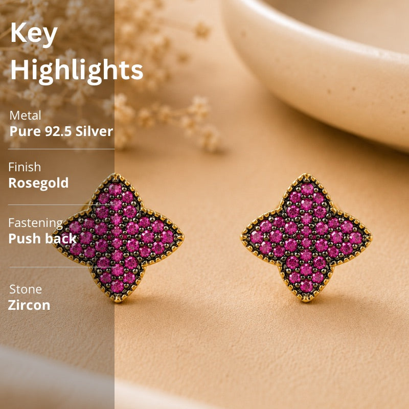 Ruby CZ Floral Stud Earrings in 925 Sterling Silver