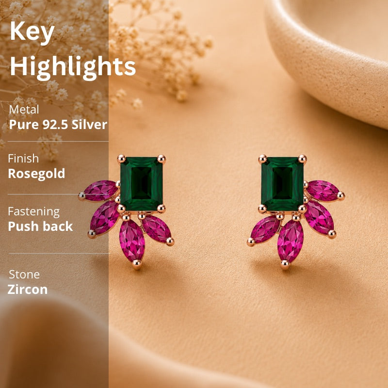 Emerald & Pink Floral Stud Earrings in 925 Sterling Silver