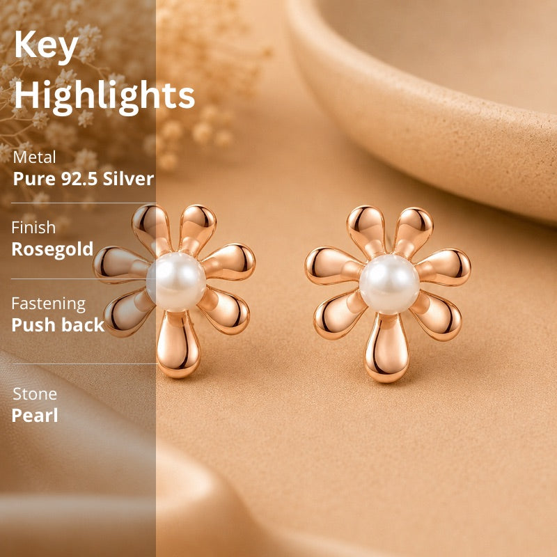 Pearl Flower Stud Earrings in 925 Sterling Silver (Rose Gold Plated)