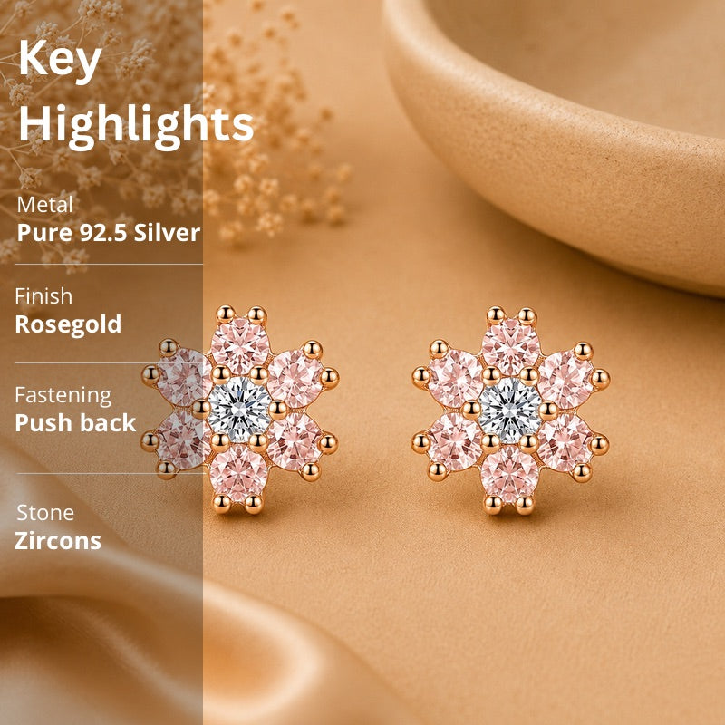 Blush Pink Flower Stud Earrings in 925 Sterling Silver (Rose Gold Plated)