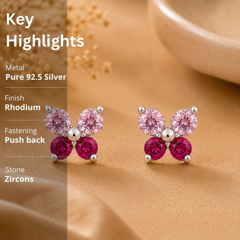 Pink Butterfly Stud Earrings in 925 Sterling Silver