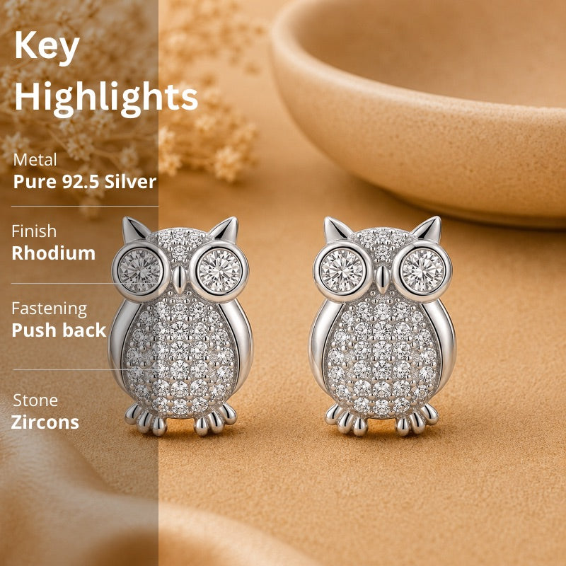 Owl CZ Stud Earrings in 925 Sterling Silver