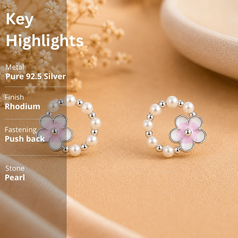 Pearl Blossom Circle Stud Earrings in 925 Sterling Silver
