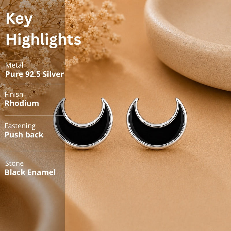 Black Crescent Moon Stud Earrings in 925 Sterling Silver