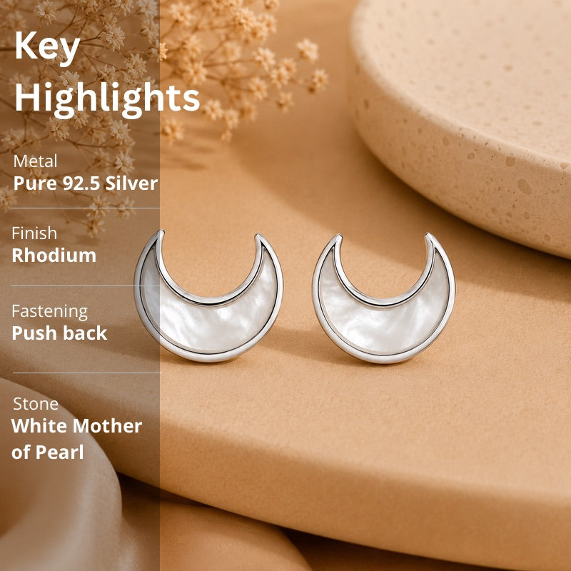Crescent Moon Mother of Pearl Stud Earrings in 925 Sterling Silver