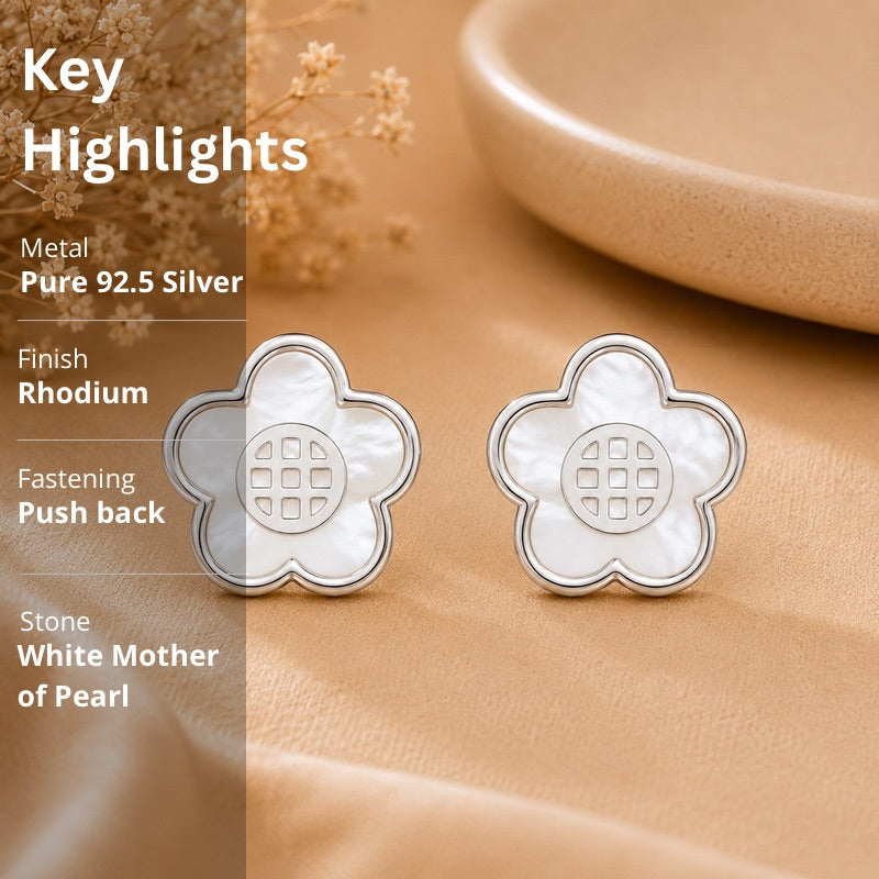 Mother of Pearl Flower Stud Earrings in 925 Sterling Silver