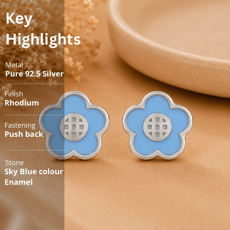 Blue Enamel Flower Stud Earrings in 925 Sterling Silver