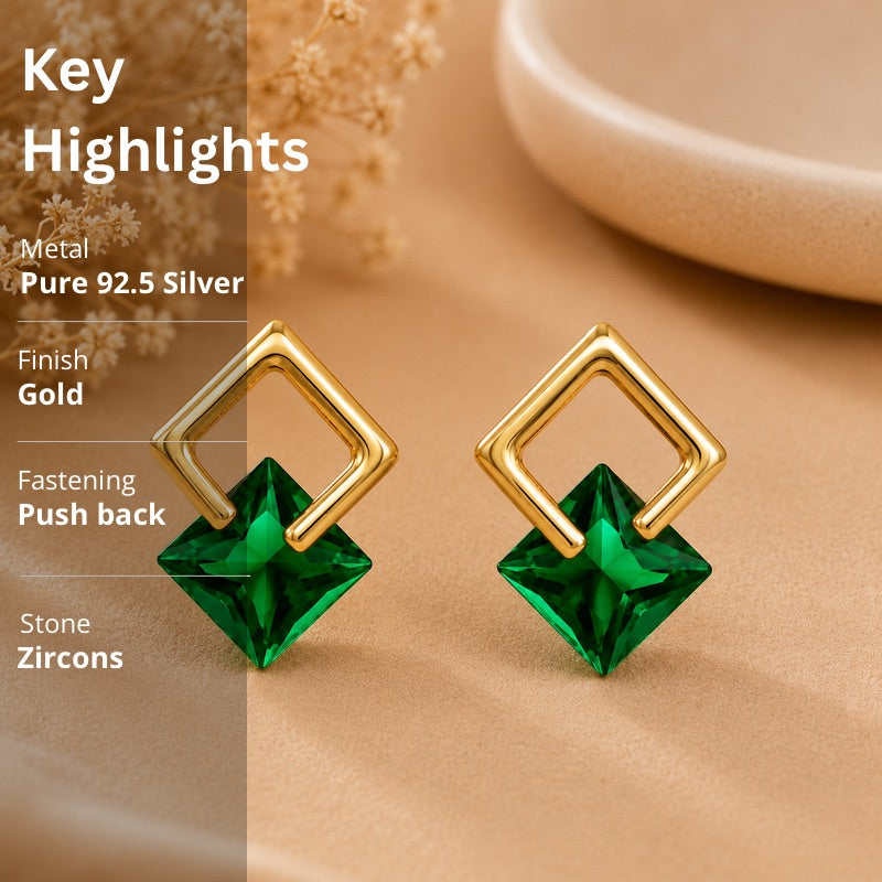 Emerald Green Geometric Stud Earrings in 925 Sterling Silver (Gold Plated)