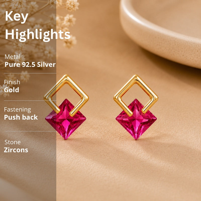 Pink Geometric Stud Earrings in 925 Sterling Silver (Gold Plated)