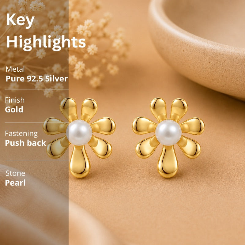 Pearl Flower Stud Earrings in 925 Sterling Silver (Gold Plated)