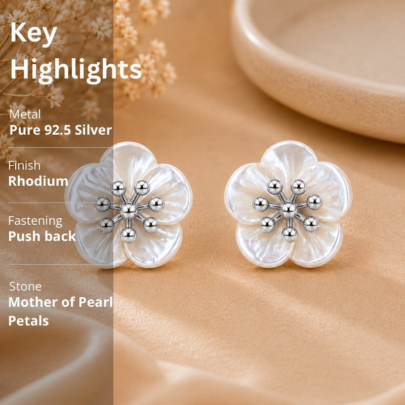 Mother of Pearl Blossom Stud Earrings in 925 Sterling Silver