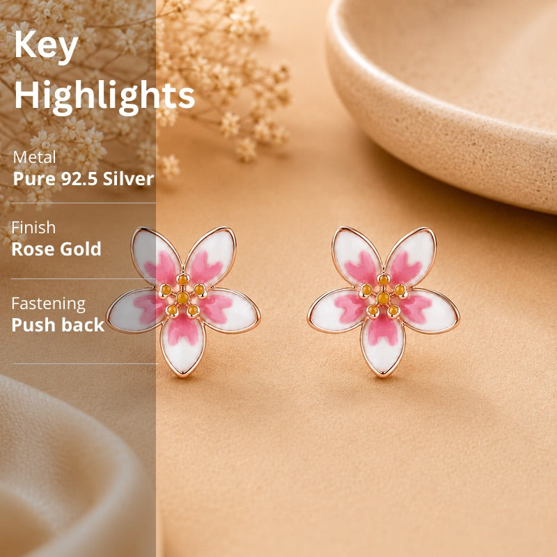 Pink Enamel Flower Stud Earrings in 925 Sterling Silver (Rose Gold Plated)