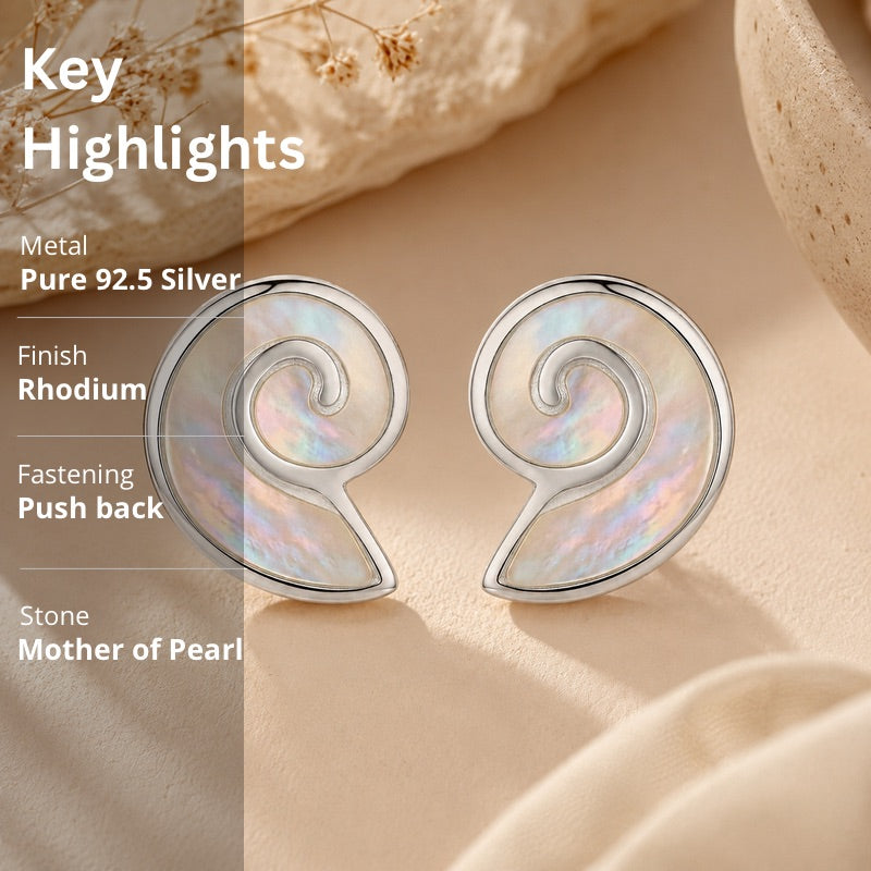 Mother of Pearl Nautilus Stud Earrings in 925 Sterling Silver