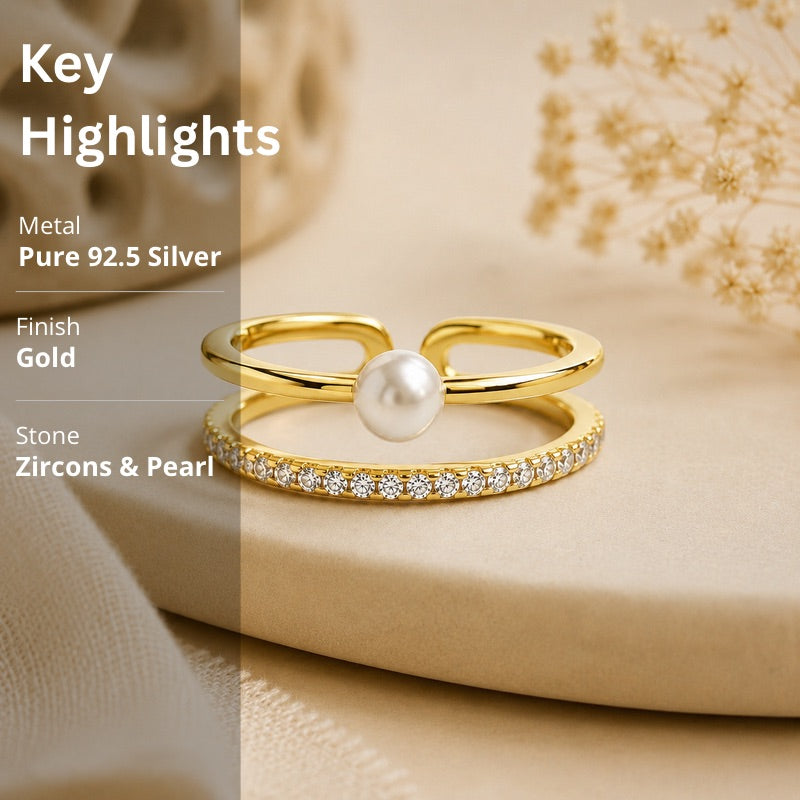 Gold 2 Lines Pearl & CZ Adjustable Ring