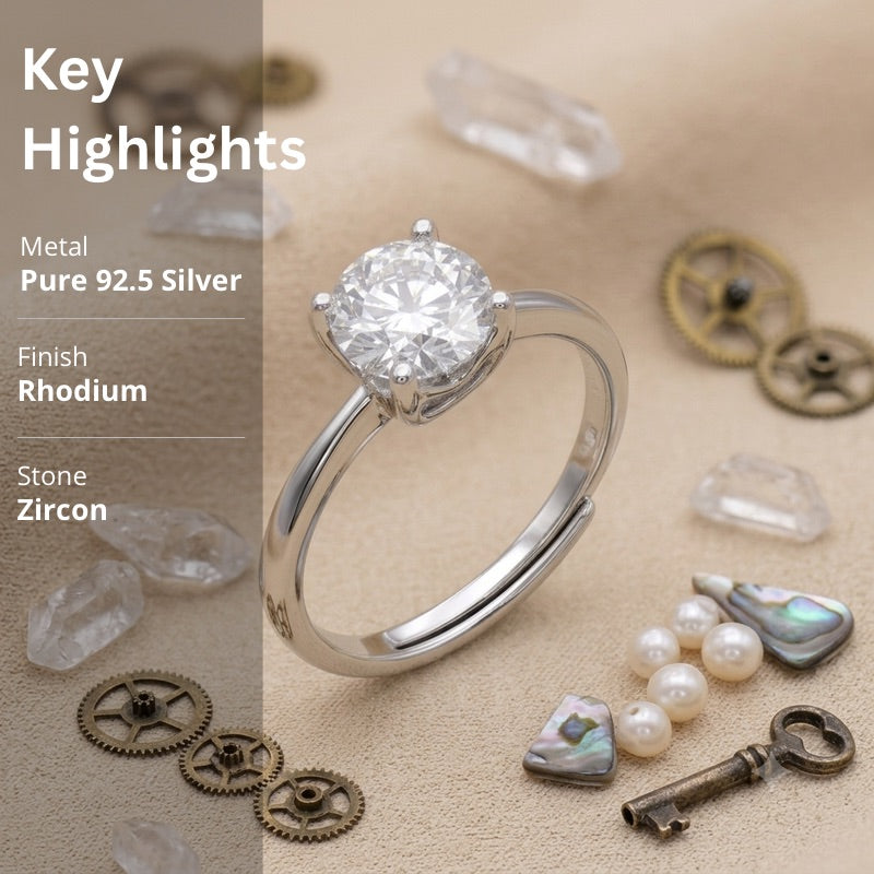 Silver Solitaire  Adjustable Ring in 925 Sterling Silver