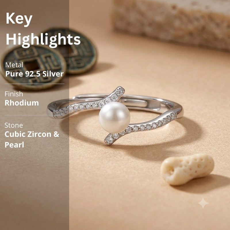 Silver Pearl Adjustable Ring in 925 Sterling Silver