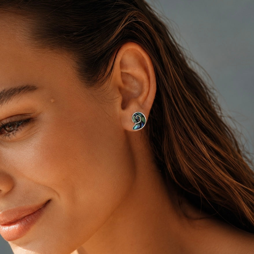 Abalone Shell Nautilus Stud Earrings in 925 Sterling Silver