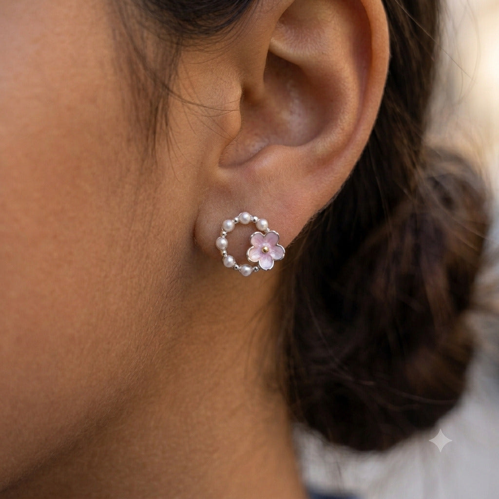 Pearl Blossom Circle Stud Earrings in 925 Sterling Silver