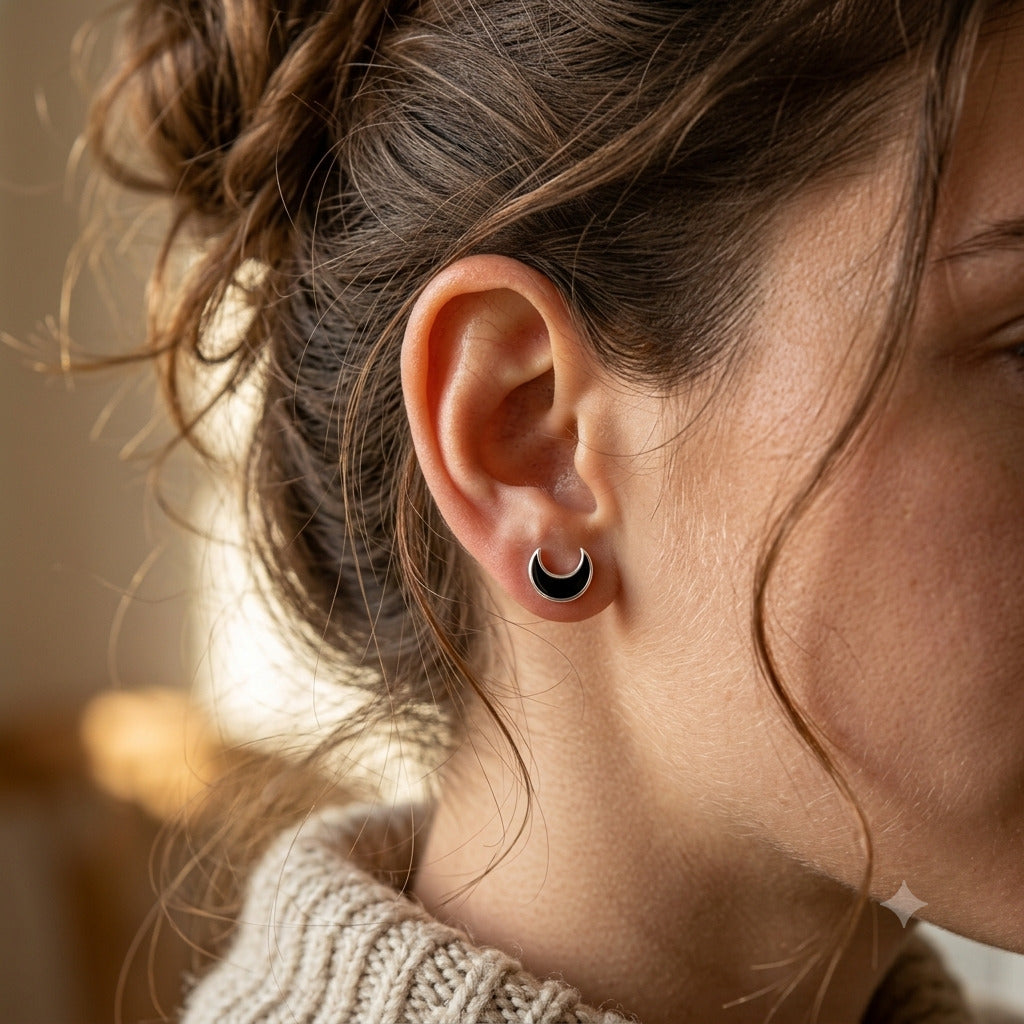 Black Crescent Moon Stud Earrings in 925 Sterling Silver