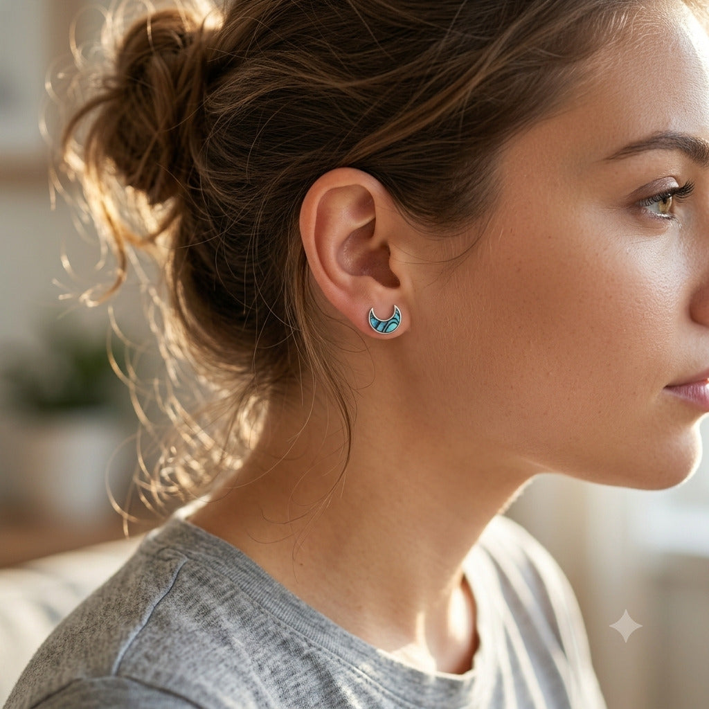 Abalone Crescent Moon Stud Earrings in 925 Sterling Silver