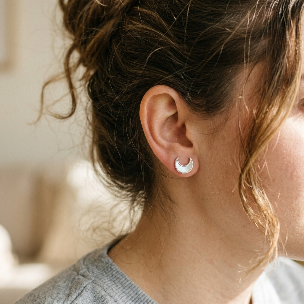 Crescent Moon Mother of Pearl Stud Earrings in 925 Sterling Silver
