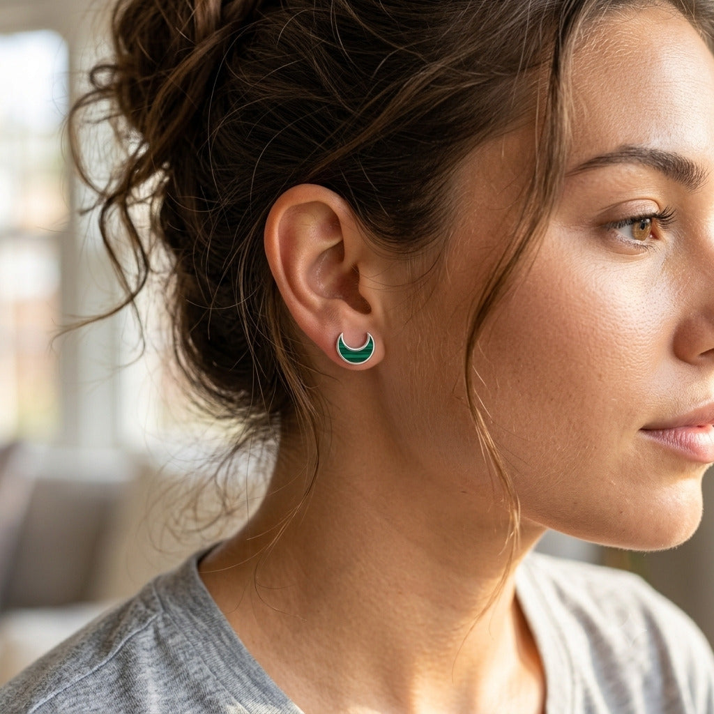 Malachite Crescent Moon Stud Earrings in 925 Sterling Silver