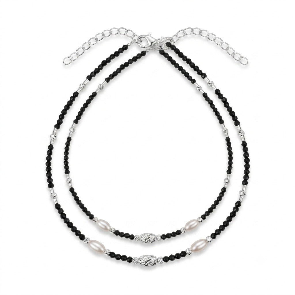 Silver Black Beads & Pearl Anklet in 925 Sterling Silver