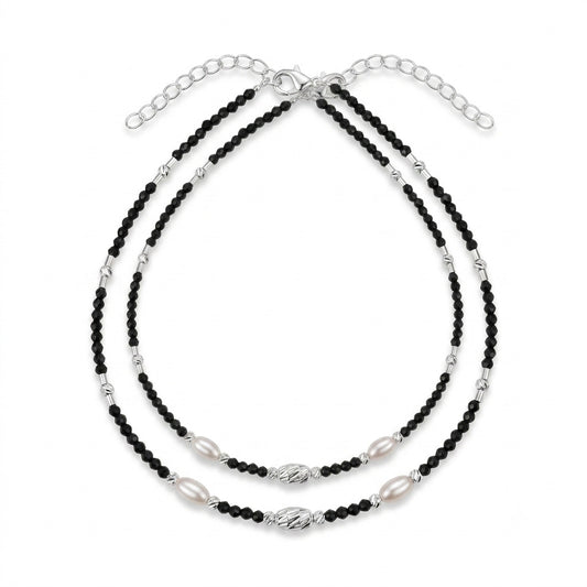 Silver Black Beads & Pearl Anklet in 925 Sterling Silver