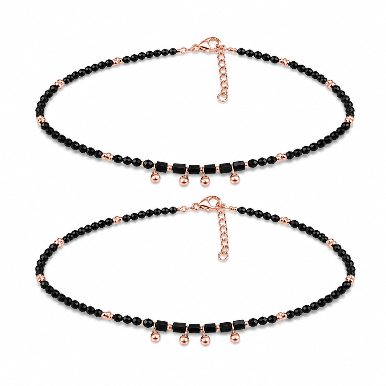 Rose Gold Black Beaded Anklet in 925 Sterling Silver