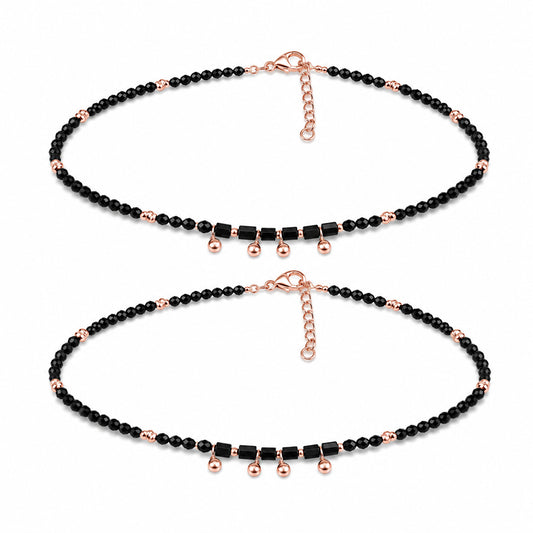 Rose Gold Black Beaded Anklet in 925 Sterling Silver