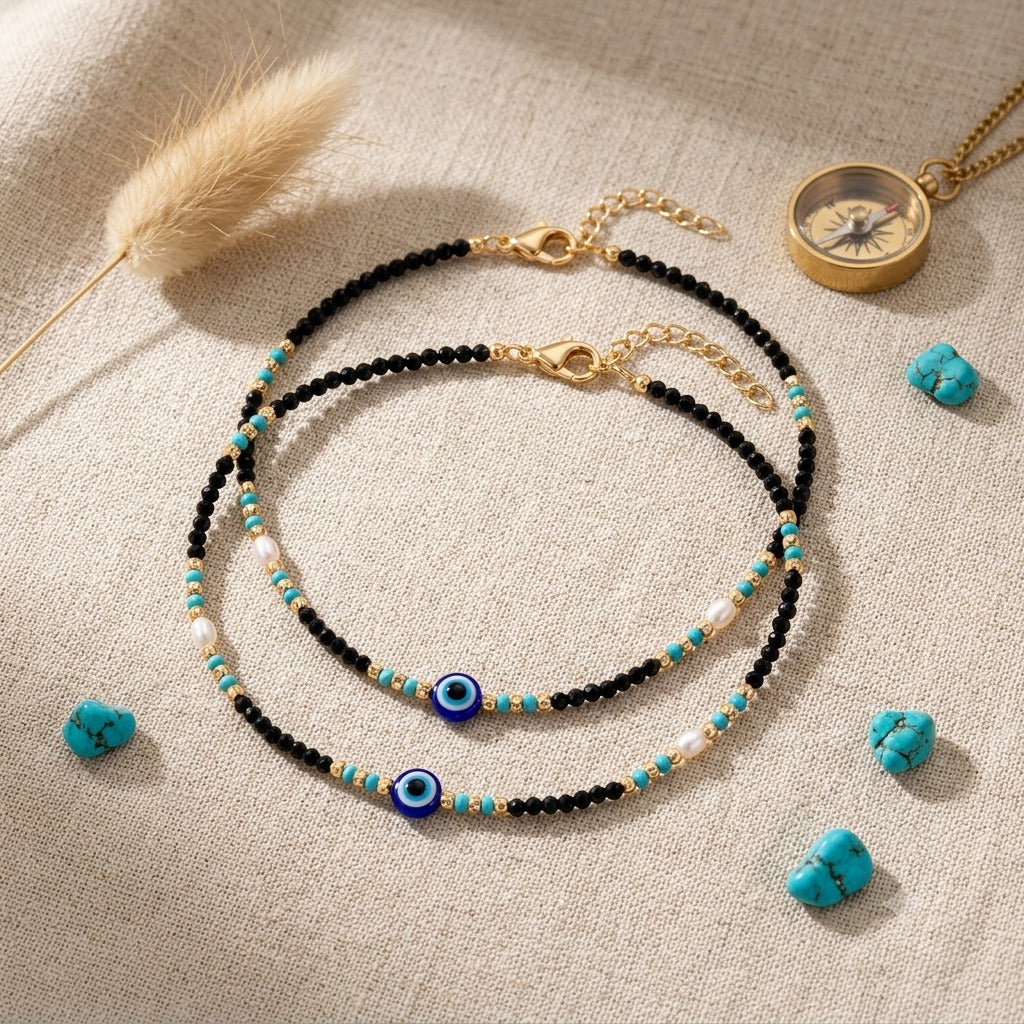 Evil Eye Beaded 925 Sterling Silver Anklet