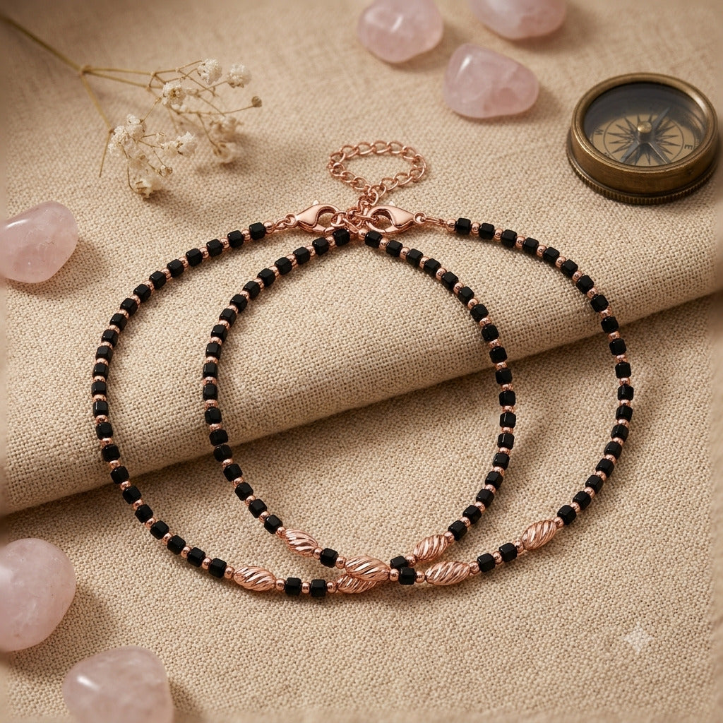 Black Beaded 925 Sterling Silver Anklet