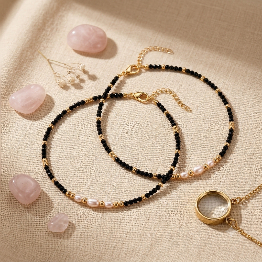 Black Beaded Pearl 925 Sterling Silver Anklet