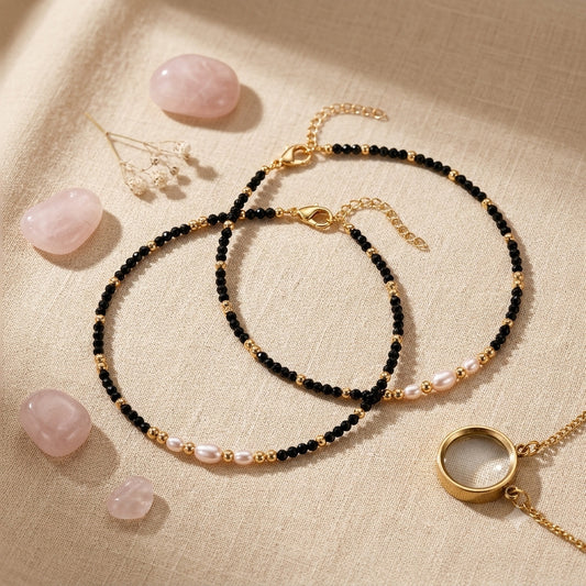 Black Beaded Pearl 925 Sterling Silver Anklet