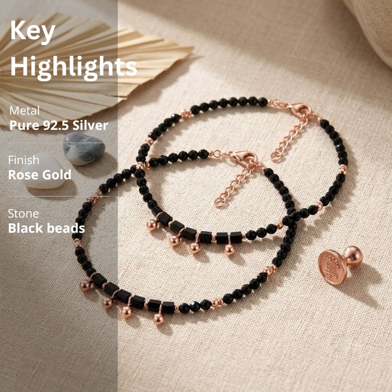 Rose Gold Black Beaded Anklet in 925 Sterling Silver